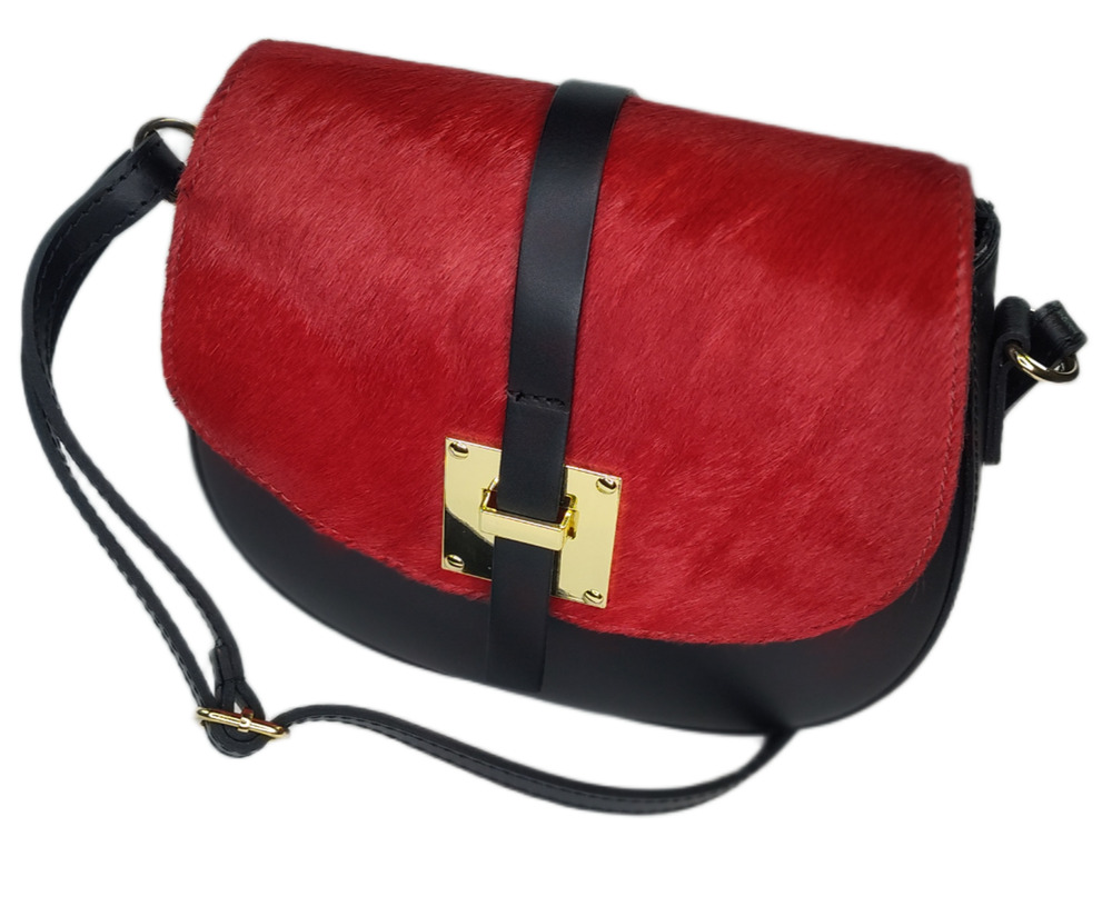 Charlie Leather Mack Black Leather & Red Fur Small Half Moon Crossbody-NWT